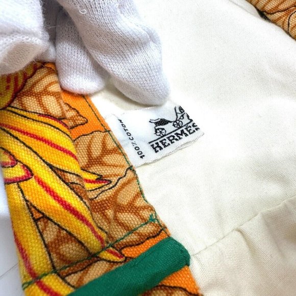 HERMES Parakeet bird pattern Bag Tote Bag Canvas Orange - Picture 9 of 10